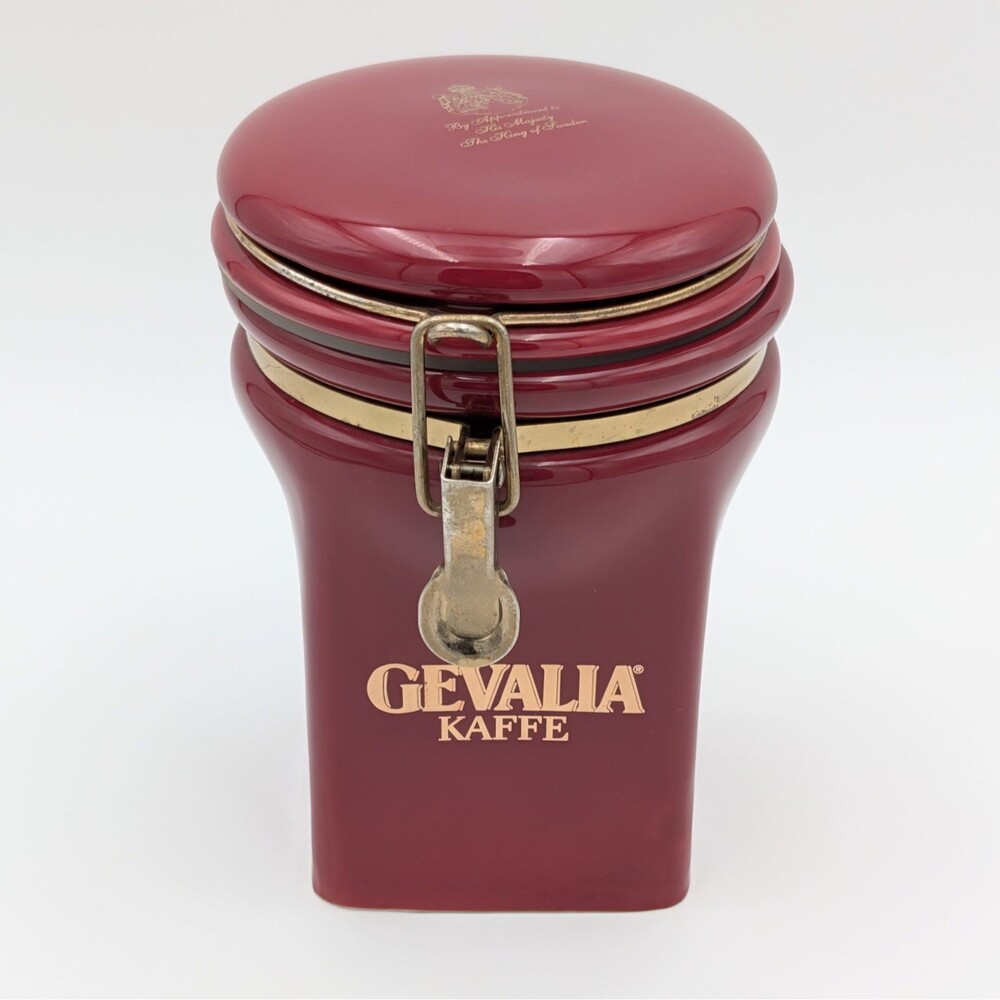 Vintage Gevalia Kaffe Coffee Canister Ceramic Airtight Locking Burgundy Gold